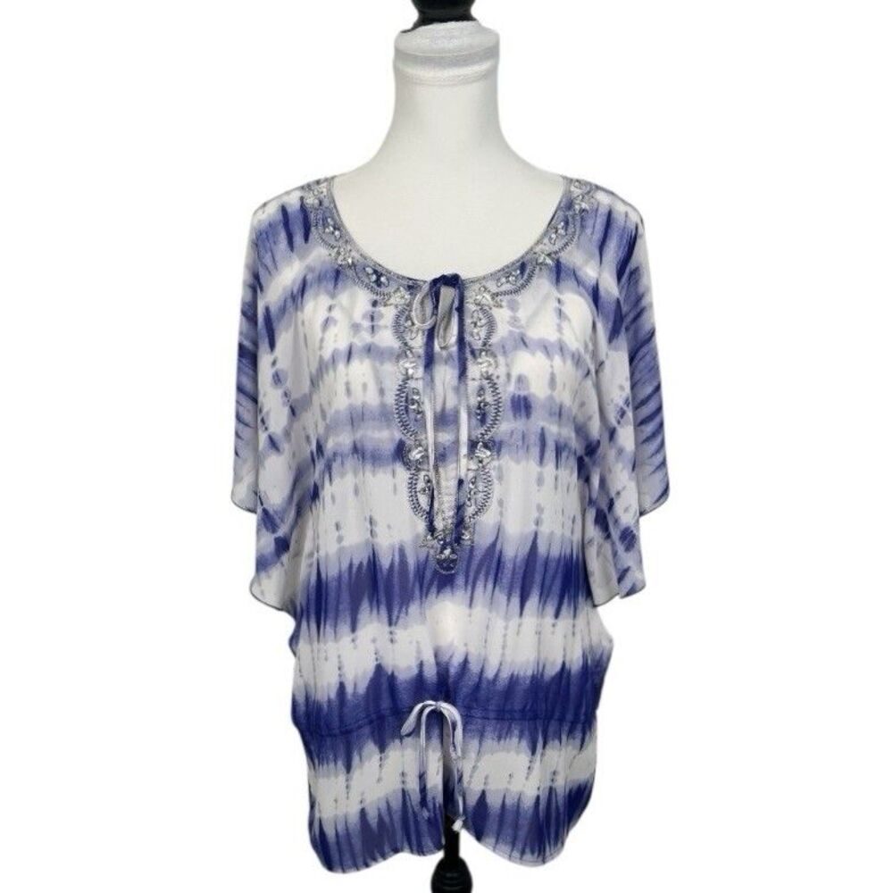 MUSHKA BY SIENNA ROSE Blouse Sz XL Purple & White Beaded Sheer Tie 3/4 Sleeve